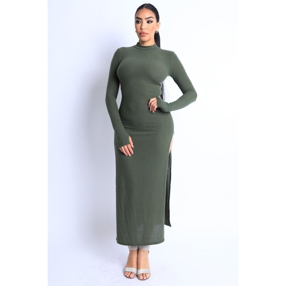 Women's Hacci Mock Neck Long Sleeves Double Slits Maxi Dress Olive S M L - Picture 5 of 10